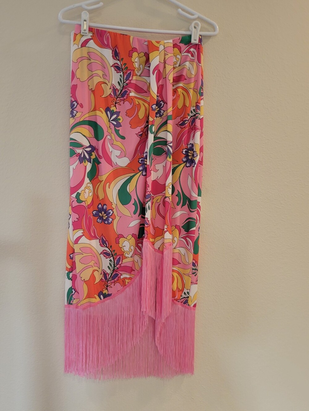 Boston Proper Pink Paris Paisley Front Pleat Fringed Wrap Skirt Ladies XS.